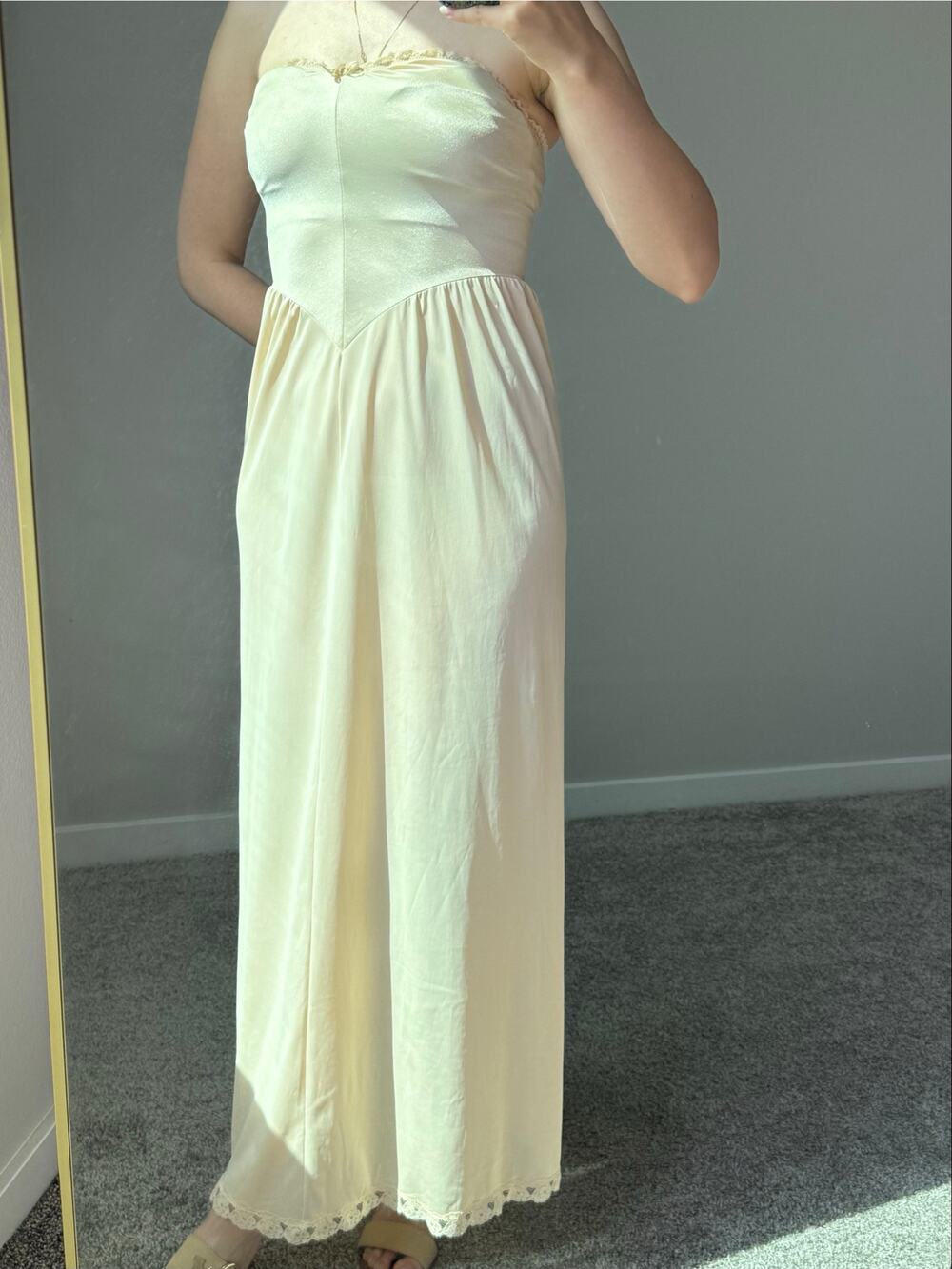 Vanity Fair Strapless Nylon Slip Dress Lace Trim Maxi Nightgown USA 34 Coquette